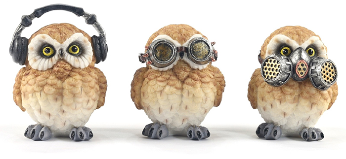 Set Of 3 Steampunk Owls Hear Speak, & See No Evil Set Of 3 Steampunk Owls Hear Speak, & See No Evil